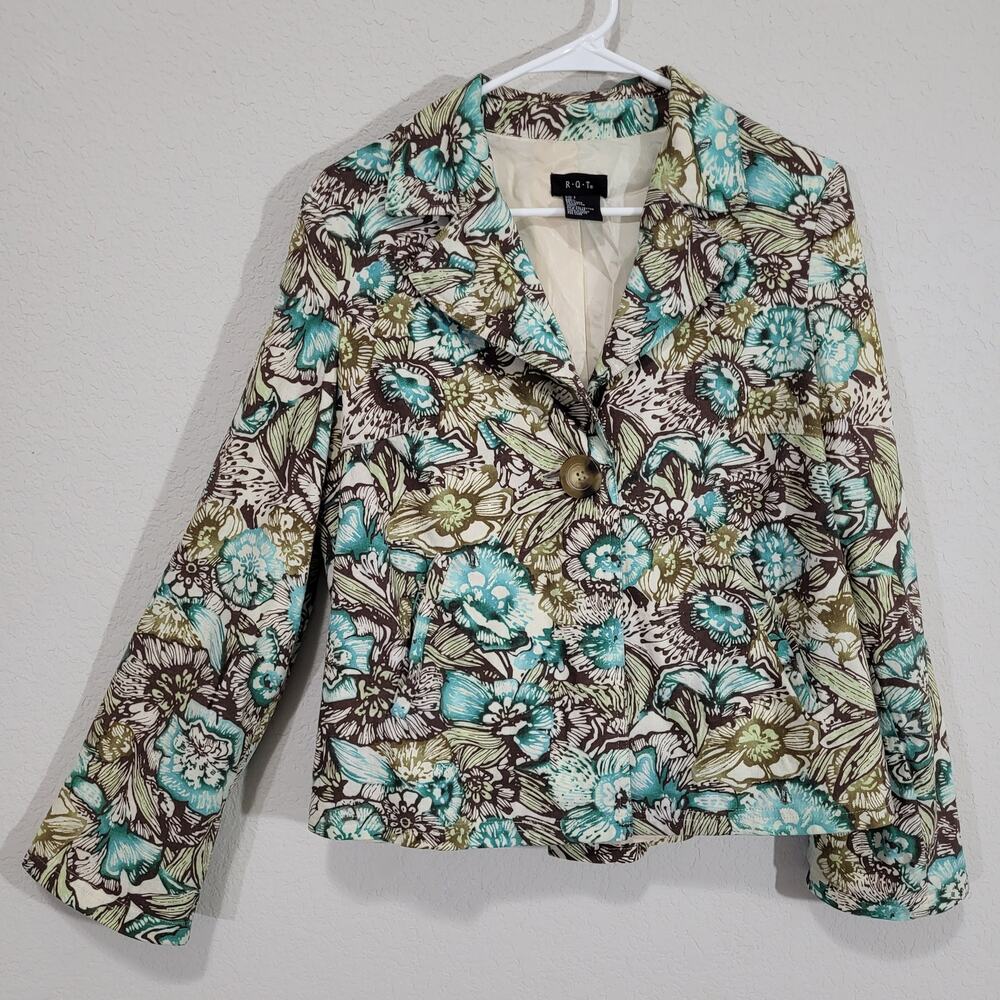 RQT Floral Blazer Jacket Size S Linen Rayon Earthy Colors Casual Short Lined